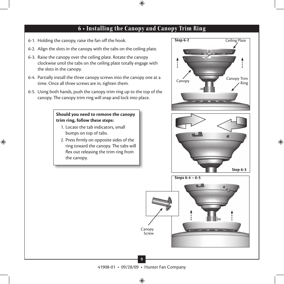 6 • installing the canopy and canopy trim ring | Hunter Fan Hunter Type User Manual | Page 9 / 14