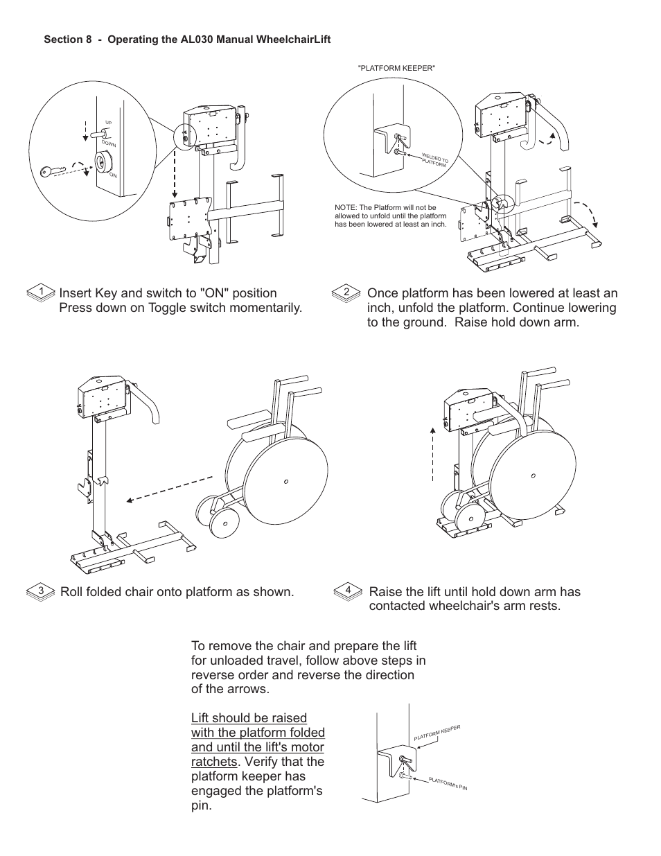 Roll folded chair onto platform as shown | Harmar Mobility AL030 User Manual | Page 10 / 16
