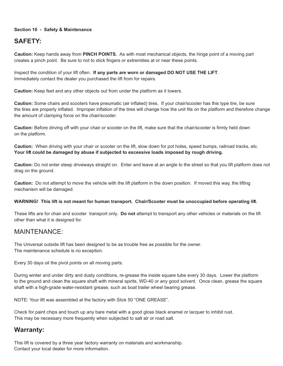 Safety, Maintenance, Warranty | Harmar Mobility AL030 User Manual | Page 13 / 16