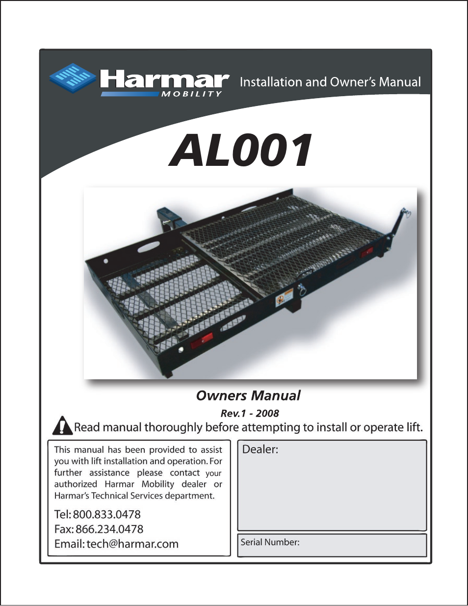 Harmar Mobility AL001 User Manual | 10 pages