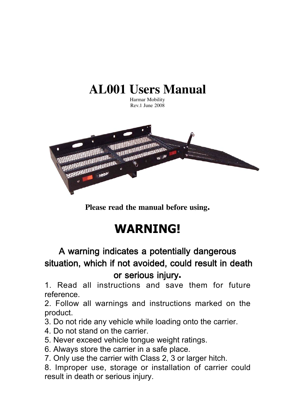 Manualbody, Al001 users manual, Warning | Harmar Mobility AL001 User Manual | Page 2 / 10