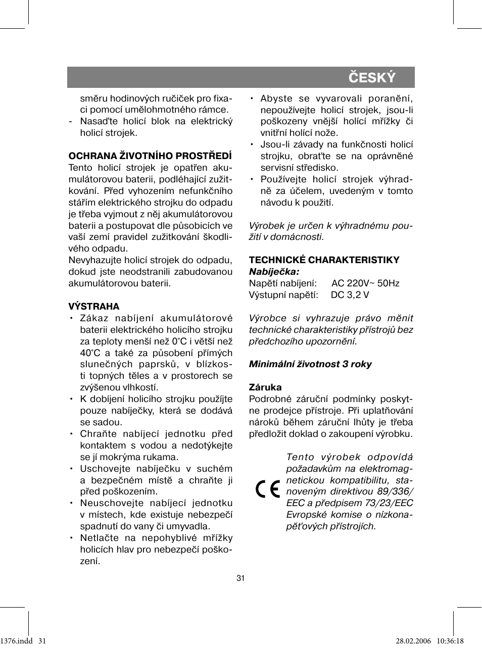 Český | Vitek VT-1376 BK User Manual | Page 31 / 40