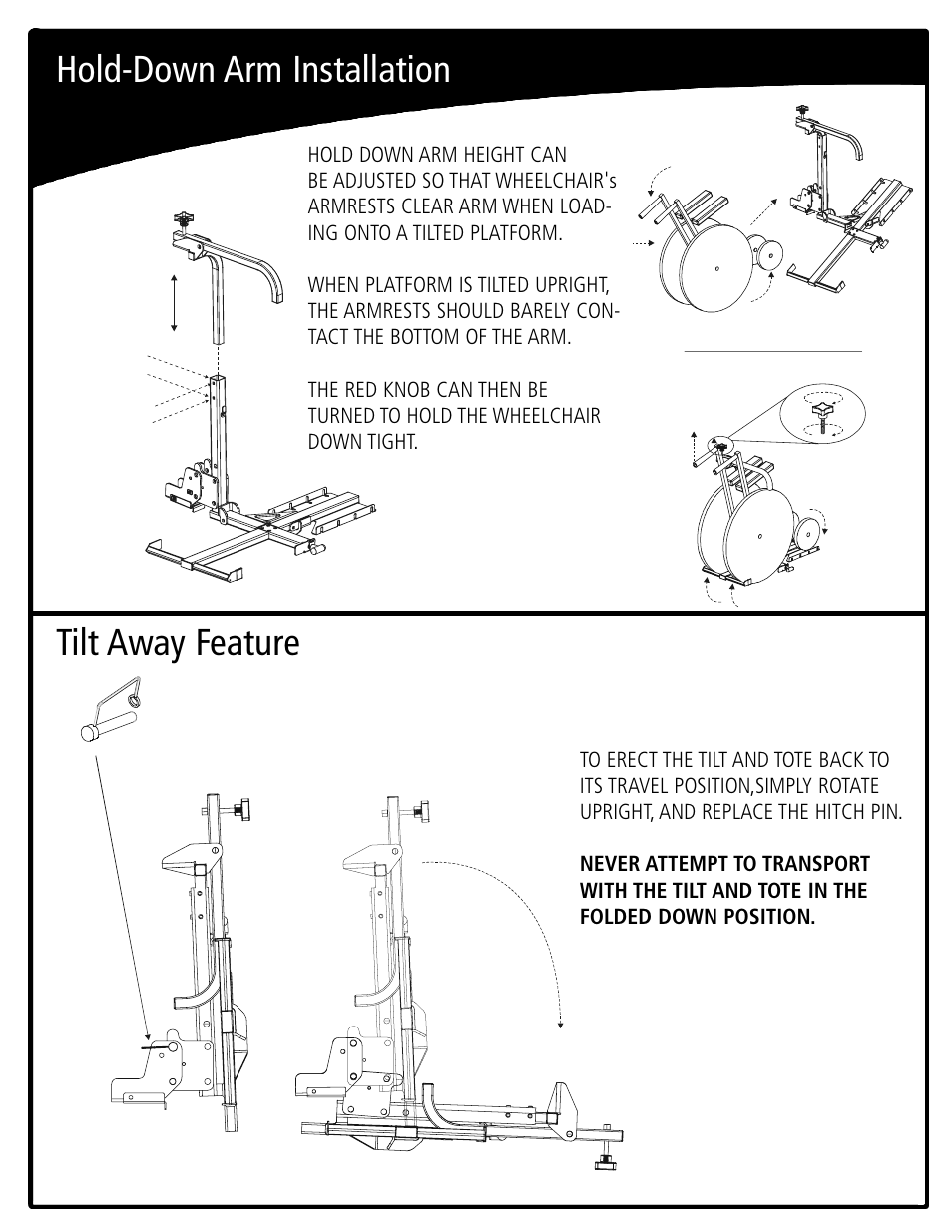 Hold-down arm installation, Tilt away feature | Harmar Mobility AL003 User Manual | Page 4 / 8