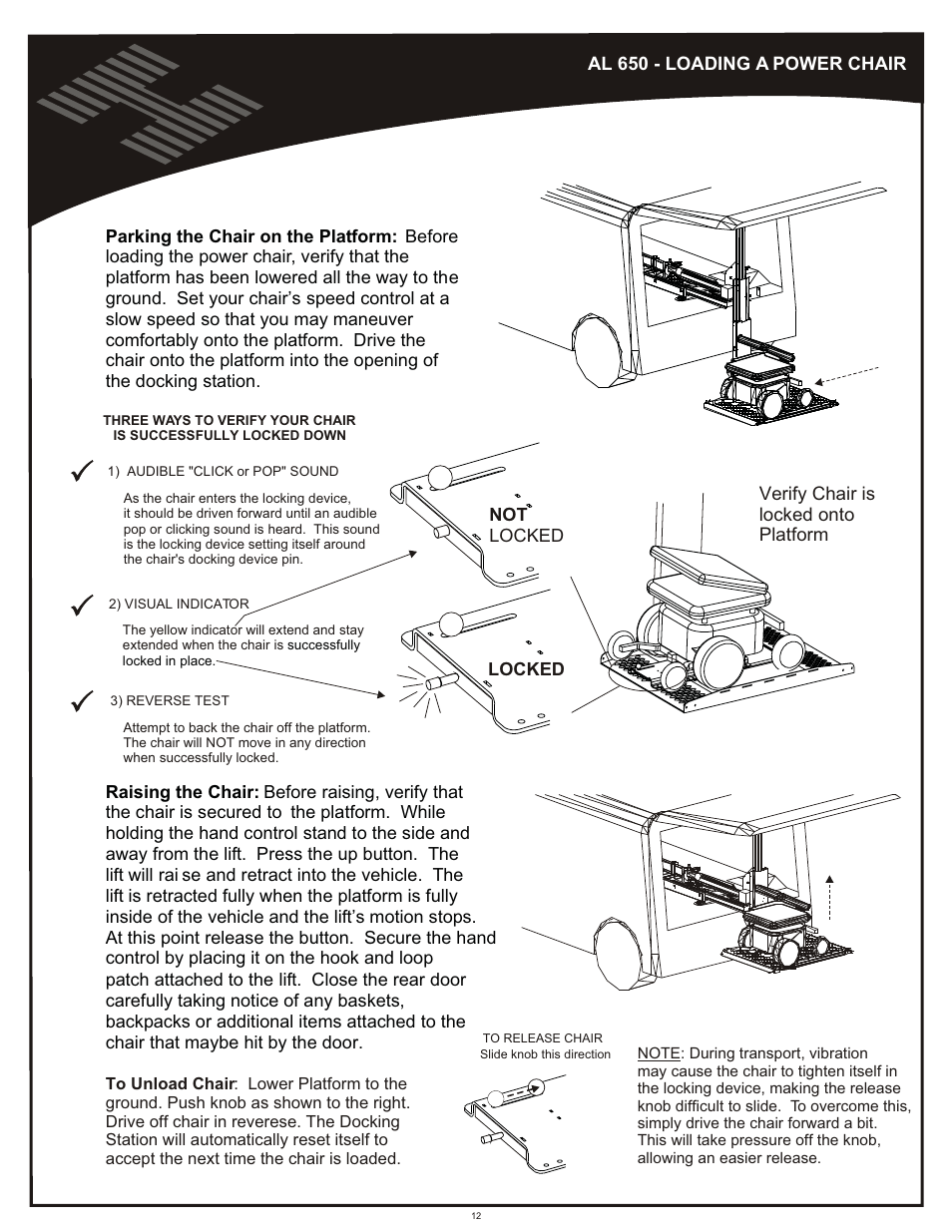 Operation - al650, Not locked locked al 650 - loading a power chair | Harmar Mobility AL600 User Manual | Page 12 / 20