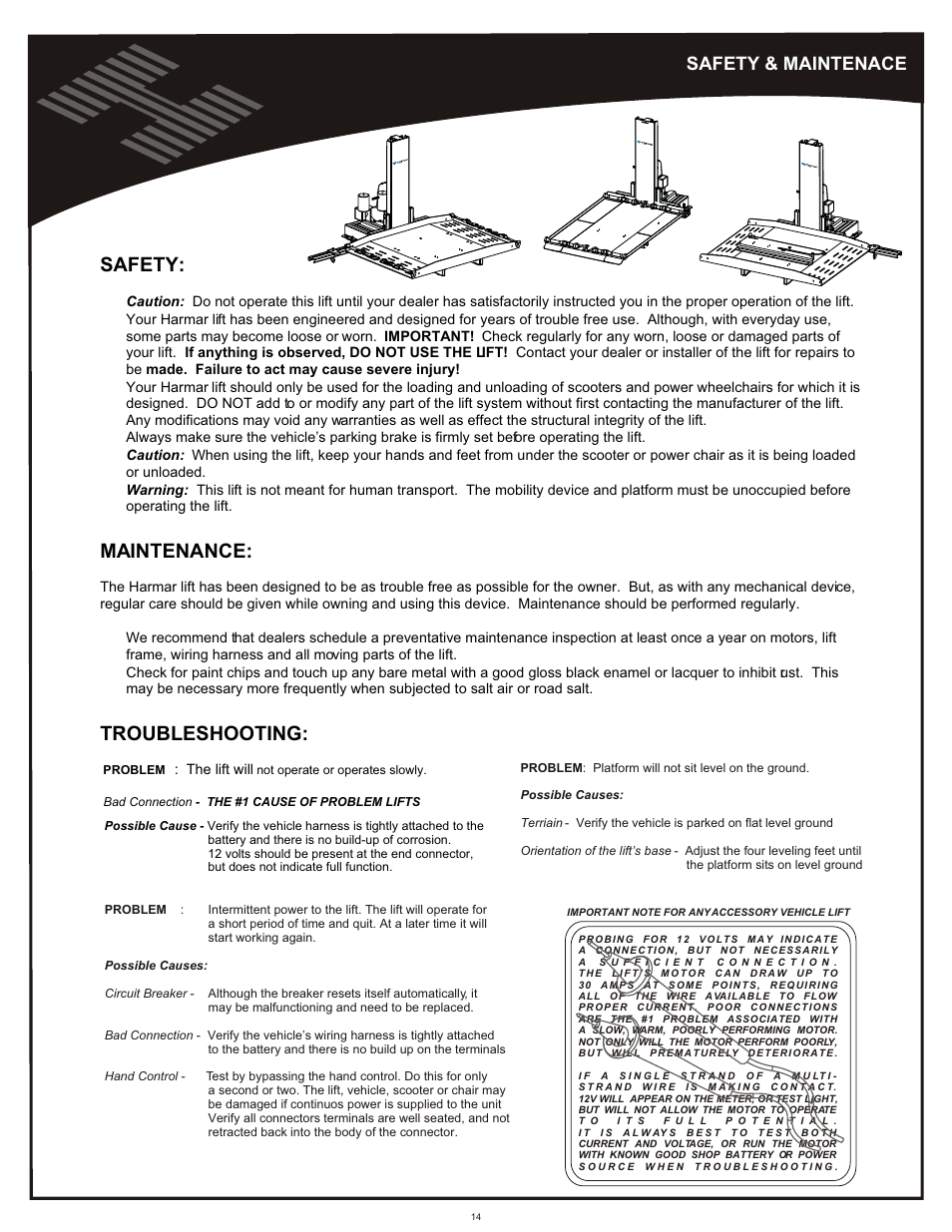 Safety & maintenance, Safety, Maintenance | Troubleshooting, Safety & maintenace | Harmar Mobility AL600 User Manual | Page 14 / 20