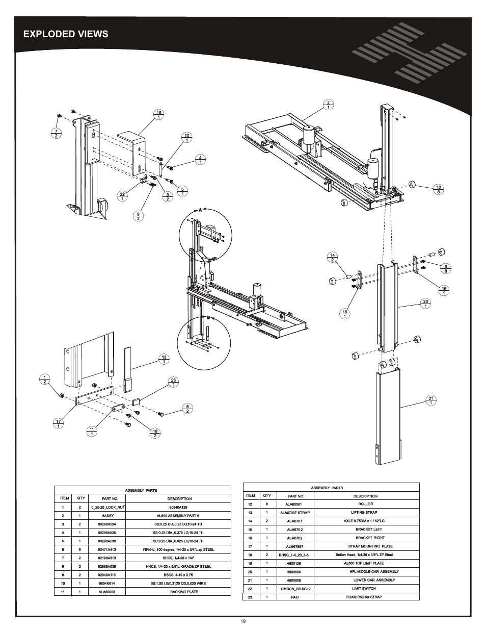 Vertical stages, Exploded views | Harmar Mobility AL600 User Manual | Page 19 / 20