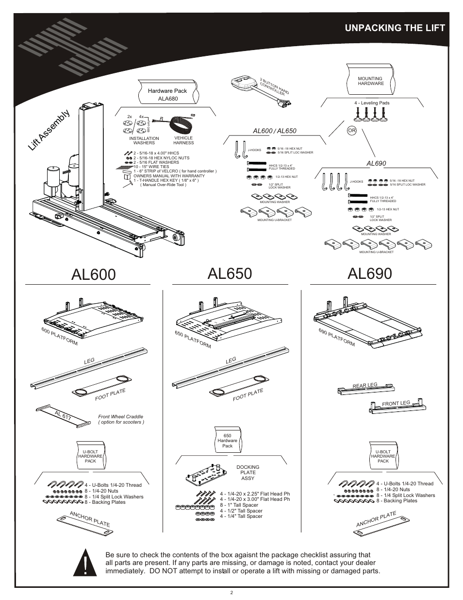 Installation, Unpacking the lift, Lif t assem bly | Harmar Mobility AL600 User Manual | Page 2 / 20