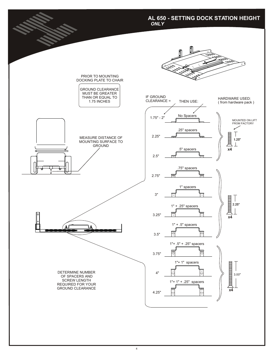 Setting docking station height - al650, Docking station height al650, Al 650 - setting dock station height | Only, Prior to mounting docking plate to chair, Hardware used: ( from hardware pack ) | Harmar Mobility AL600 User Manual | Page 4 / 20