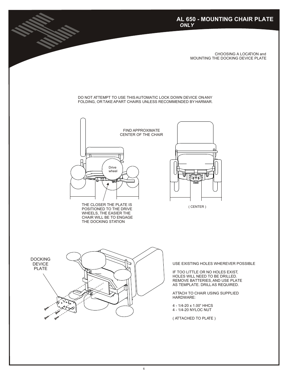 Mounting chair plate - al650, Power chair preparation al650, Al 650 - mounting chair plate | Harmar Mobility AL600 User Manual | Page 6 / 20