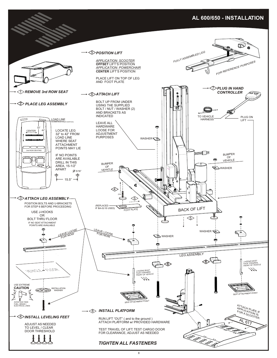 Installation al600/650, Vehicle floor, Tighten all fasteners | Al 6 17, Back of lift | Harmar Mobility AL600 User Manual | Page 8 / 20