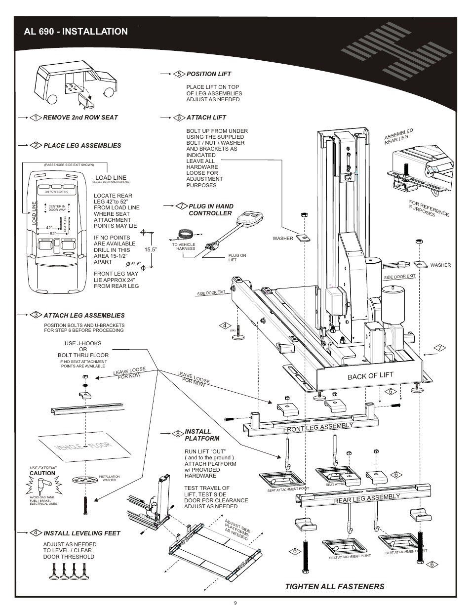 Installation al690, Al 690 - installation, Vehicle floor | Tighten all fasteners, Back of lift | Harmar Mobility AL600 User Manual | Page 9 / 20