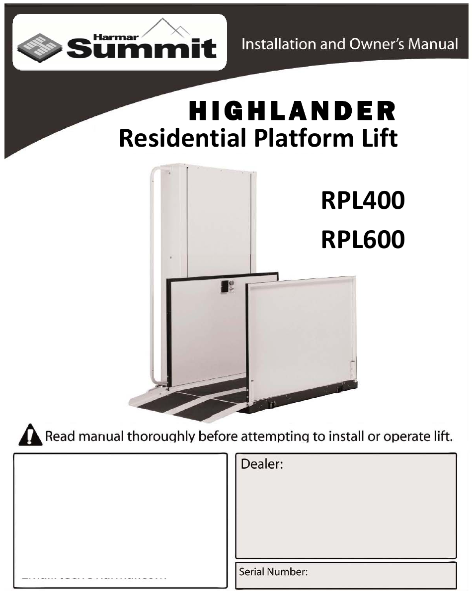 Harmar Mobility LIFTS RPL400 User Manual | 22 pages