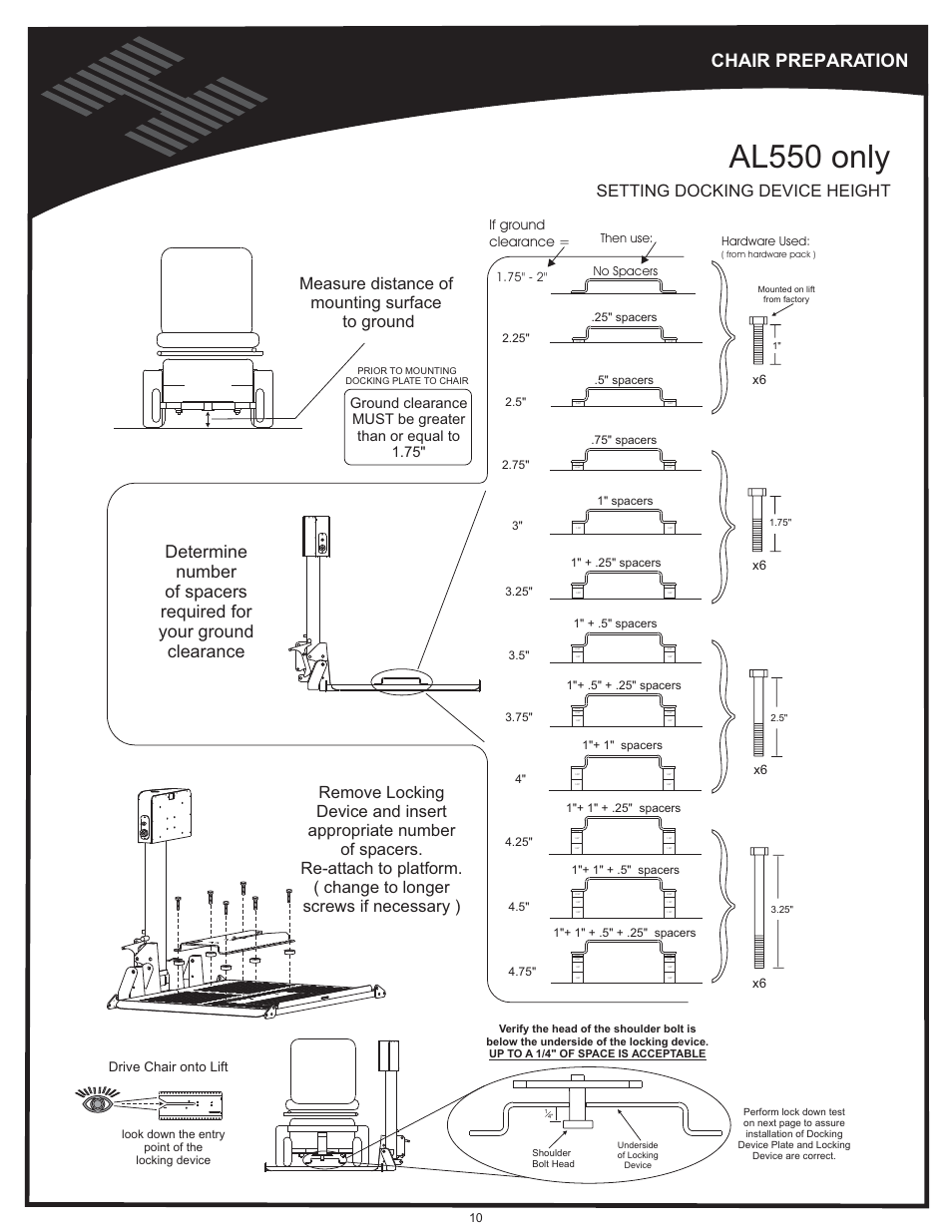 Platform preparation - al550, Al550 only, Vehicle hitch | Chair preparation, Setting docking device height, If ground clearance, Drive chair onto lift | Harmar Mobility AL500 User Manual | Page 10 / 36