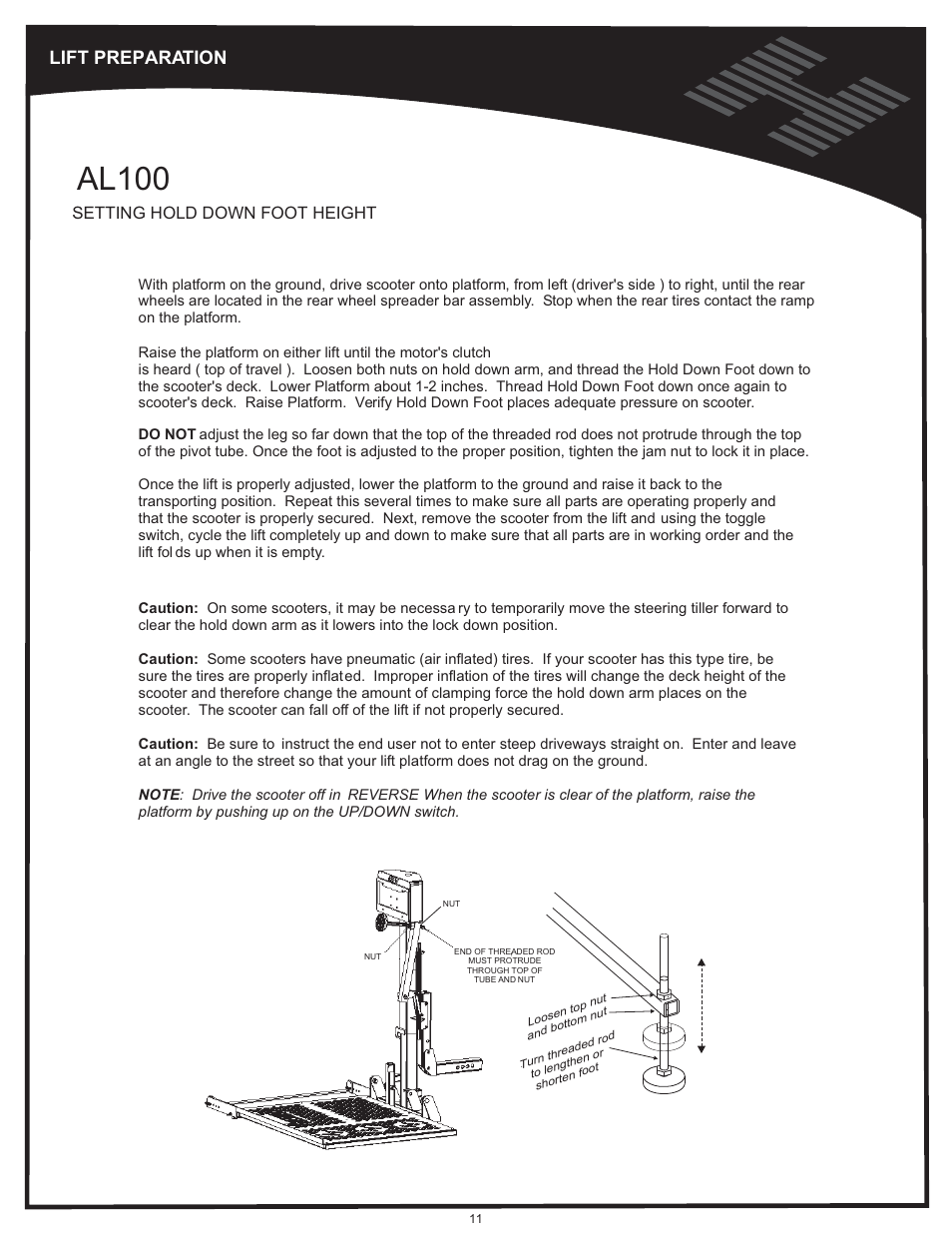 Hold down arm adjustment - al100, Al100, Lift preparation | Setting hold down foot height | Harmar Mobility AL500 User Manual | Page 11 / 36
