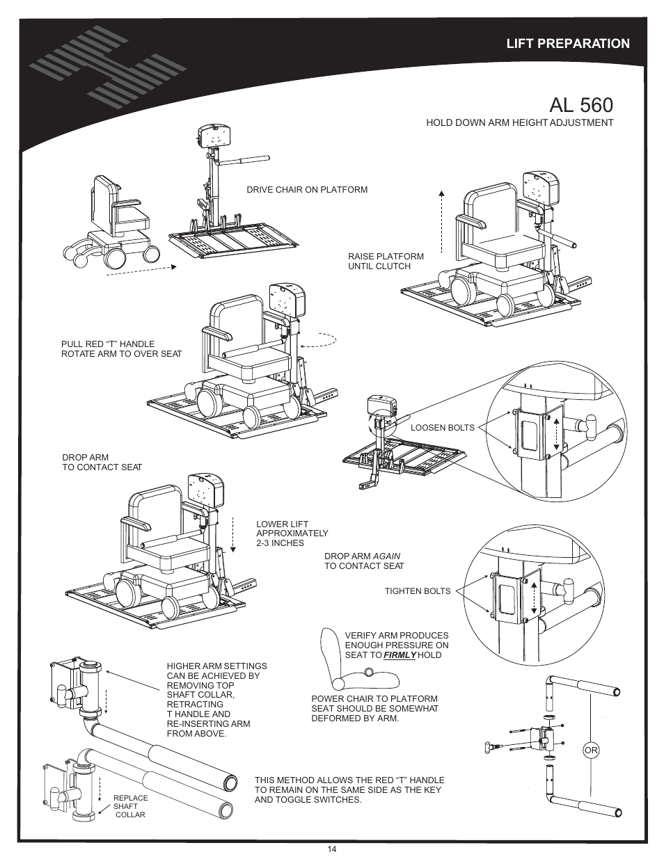 Lift preparation - al560 cont'd, Al 560, Lift preparation | Harmar Mobility AL500 User Manual | Page 14 / 36