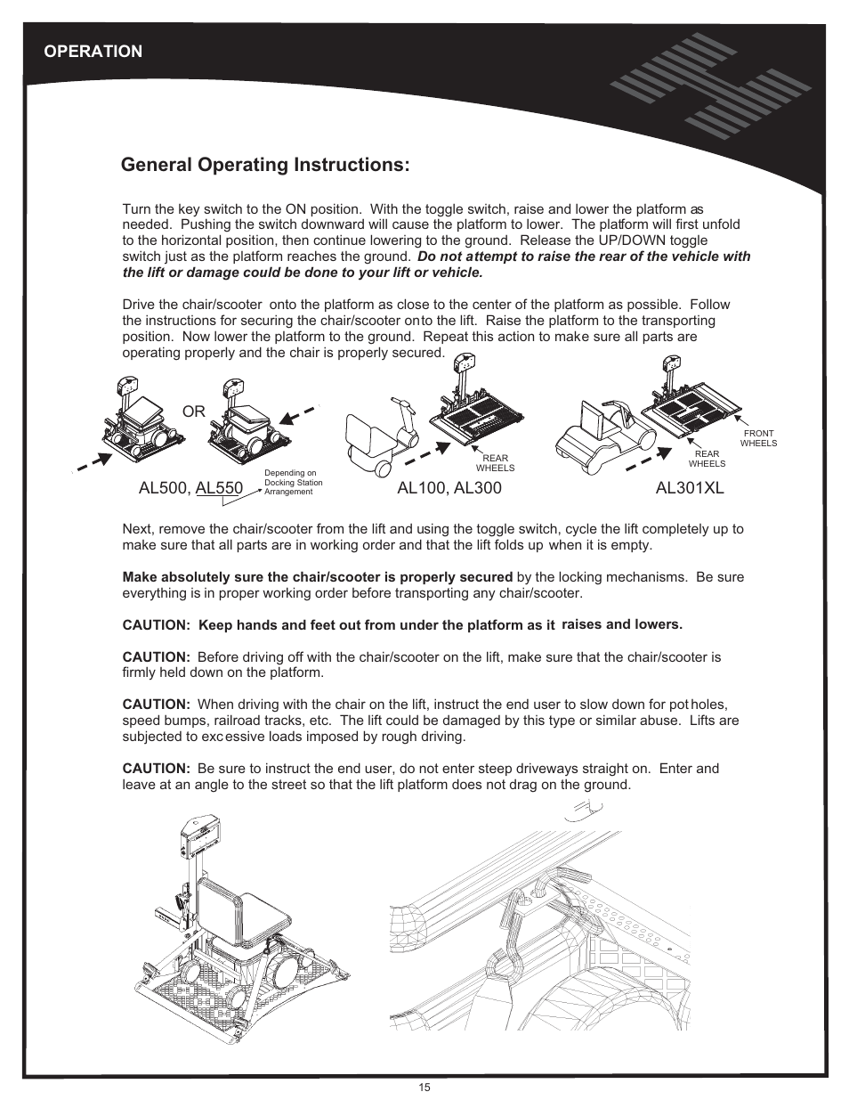 Operation, Operation general, General operating instructions | Harmar Mobility AL500 User Manual | Page 15 / 36