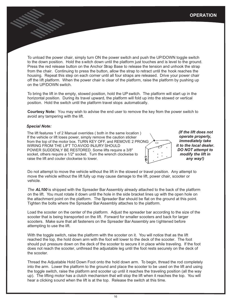 Operation cont'd, Vehicle hitch | Harmar Mobility AL500 User Manual | Page 16 / 36