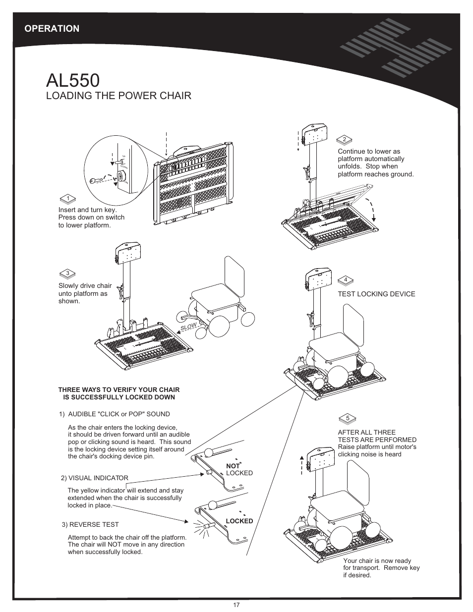 Operation - al550, Al550, Loading the power chair | Operation | Harmar Mobility AL500 User Manual | Page 17 / 36