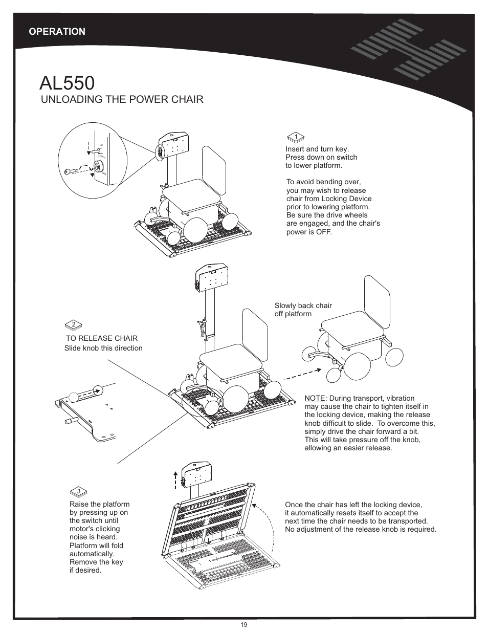 Operation - al550 cont'd, Al550, Unloading the power chair | Operation | Harmar Mobility AL500 User Manual | Page 19 / 36