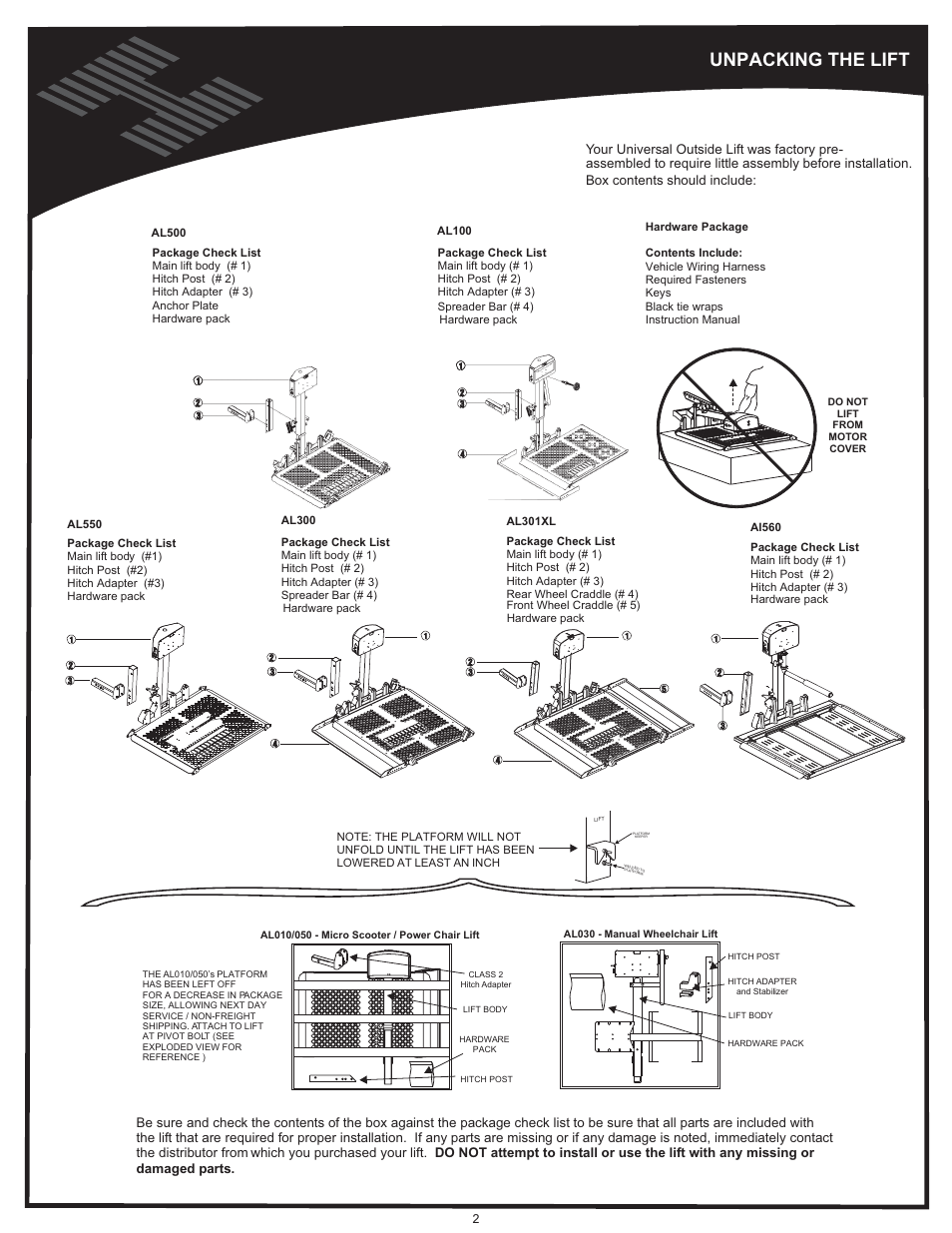 Installation, Unpacking the lift | Harmar Mobility AL500 User Manual | Page 2 / 36