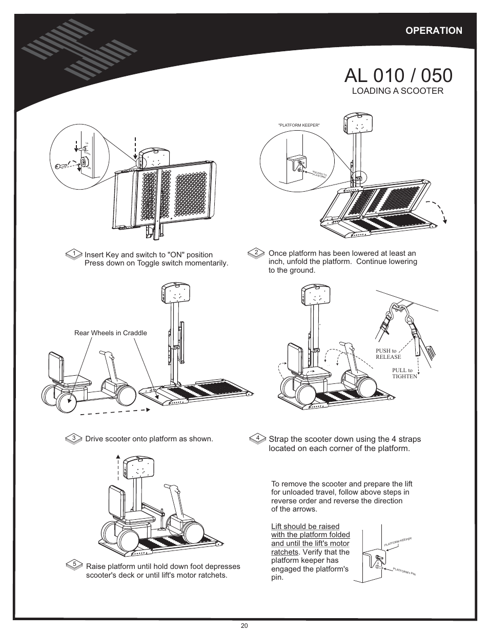 Operation - al010/050 - loading a scooter, Vehicle hitch, Operation | Loading a scooter | Harmar Mobility AL500 User Manual | Page 20 / 36