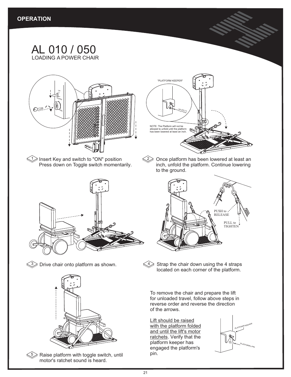 Operation - al010/050 loading a power chair, Operation, Loading a power chair | Harmar Mobility AL500 User Manual | Page 21 / 36