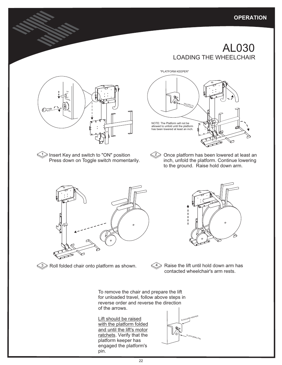 Operation - al030, Al030, Vehicle hitch | Loading the wheelchair, Operation, Roll folded chair onto platform as shown | Harmar Mobility AL500 User Manual | Page 22 / 36