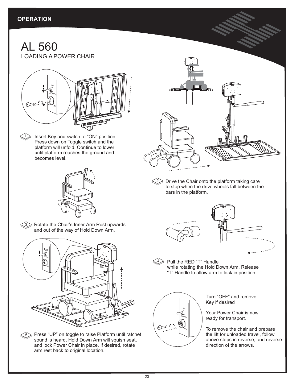 Operation - al560, Al 560, Operation | Loading a power chair | Harmar Mobility AL500 User Manual | Page 23 / 36
