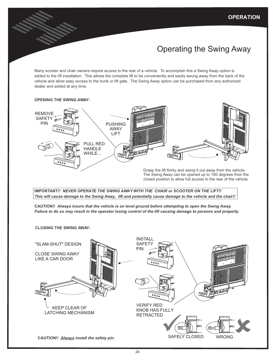 Operation - swing away, Vehicle hitch, Operating the swing away | Harmar Mobility AL500 User Manual | Page 24 / 36