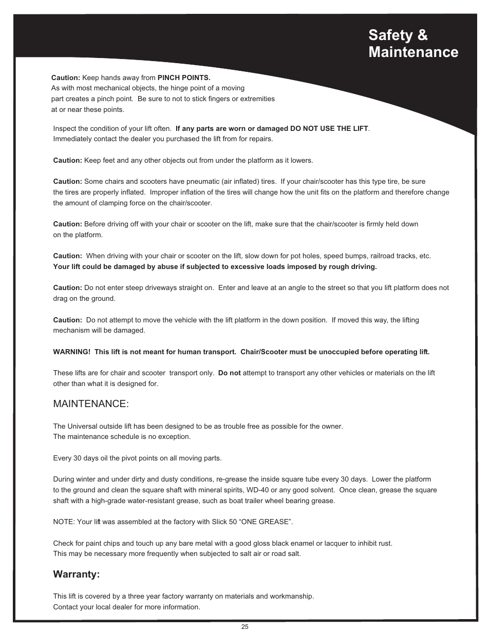 Safety & maintenance, Maintenance, Warranty | Harmar Mobility AL500 User Manual | Page 25 / 36