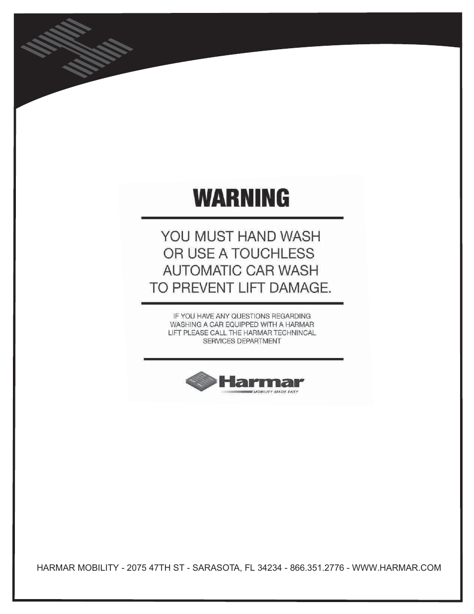 Warning - car wash, Vehicle hitch | Harmar Mobility AL500 User Manual | Page 36 / 36