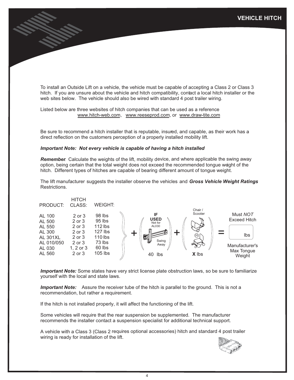 Vehicle hitch | Harmar Mobility AL500 User Manual | Page 4 / 36