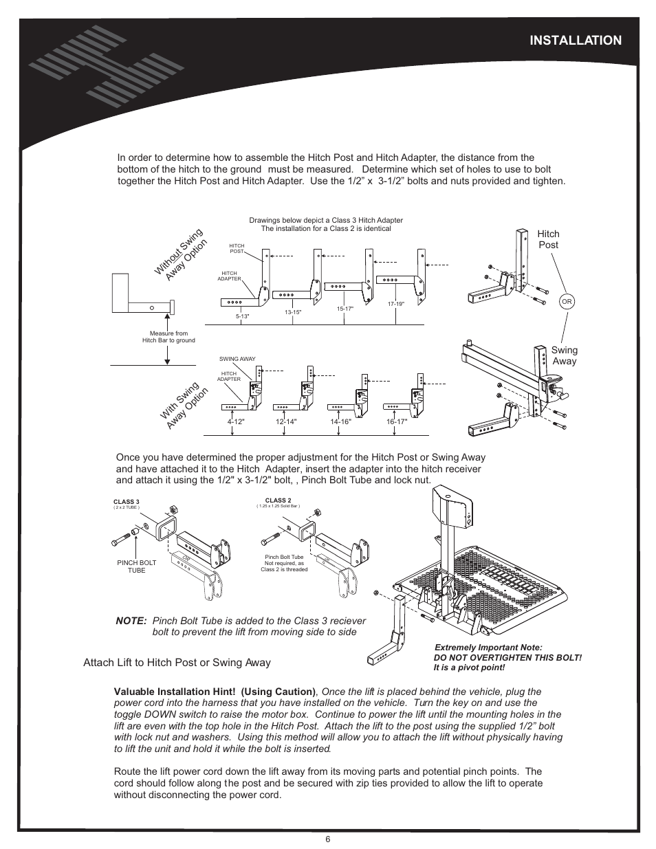 Installation, Vehicle hitch, Attach lift to hitch post or swing away | Harmar Mobility AL500 User Manual | Page 6 / 36