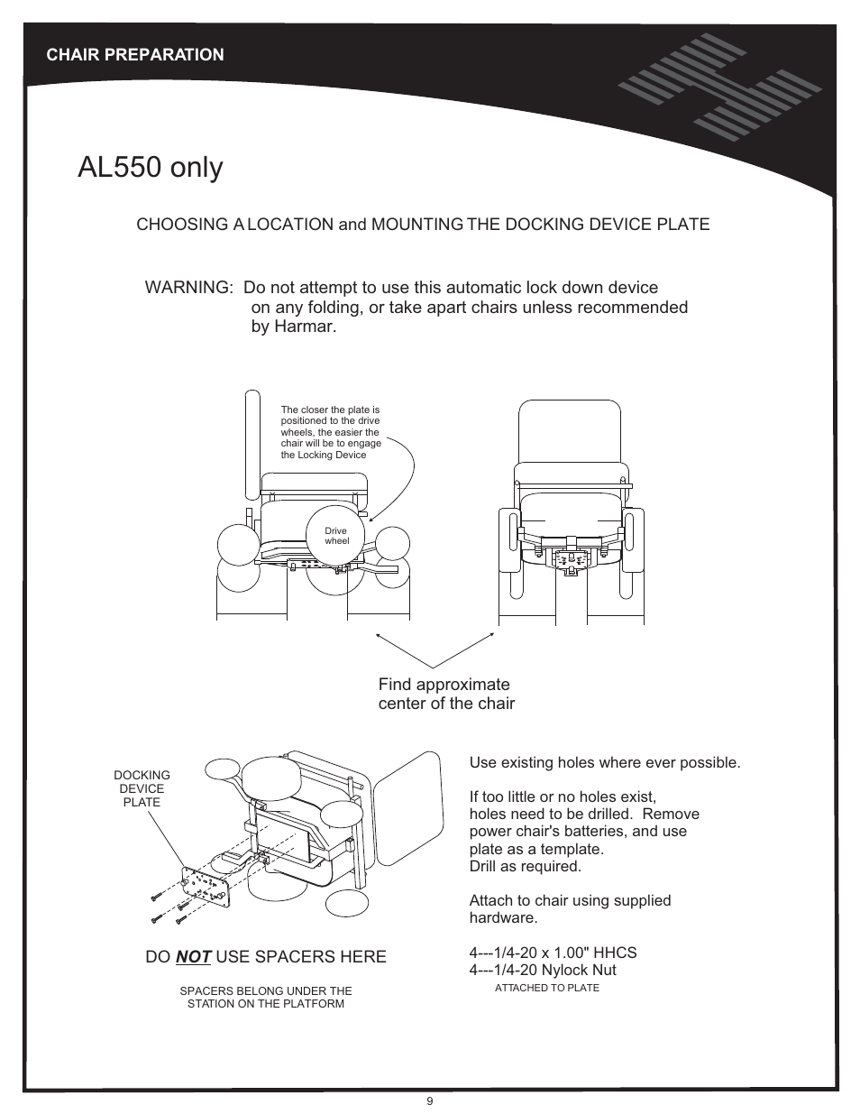 Chair preparation - al550, Al550 only | Harmar Mobility AL500 User Manual | Page 9 / 36
