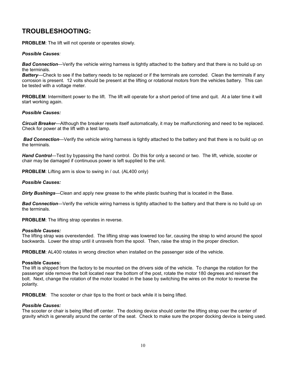 Troubleshooting | Harmar Mobility AL065 User Manual | Page 10 / 10