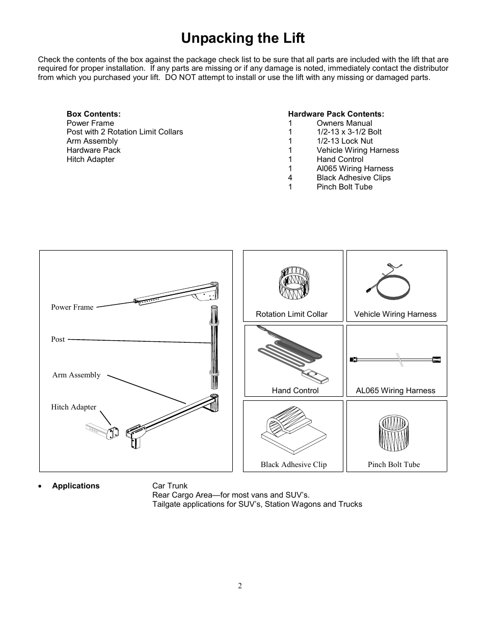 Unpacking the lift | Harmar Mobility AL065 User Manual | Page 2 / 10