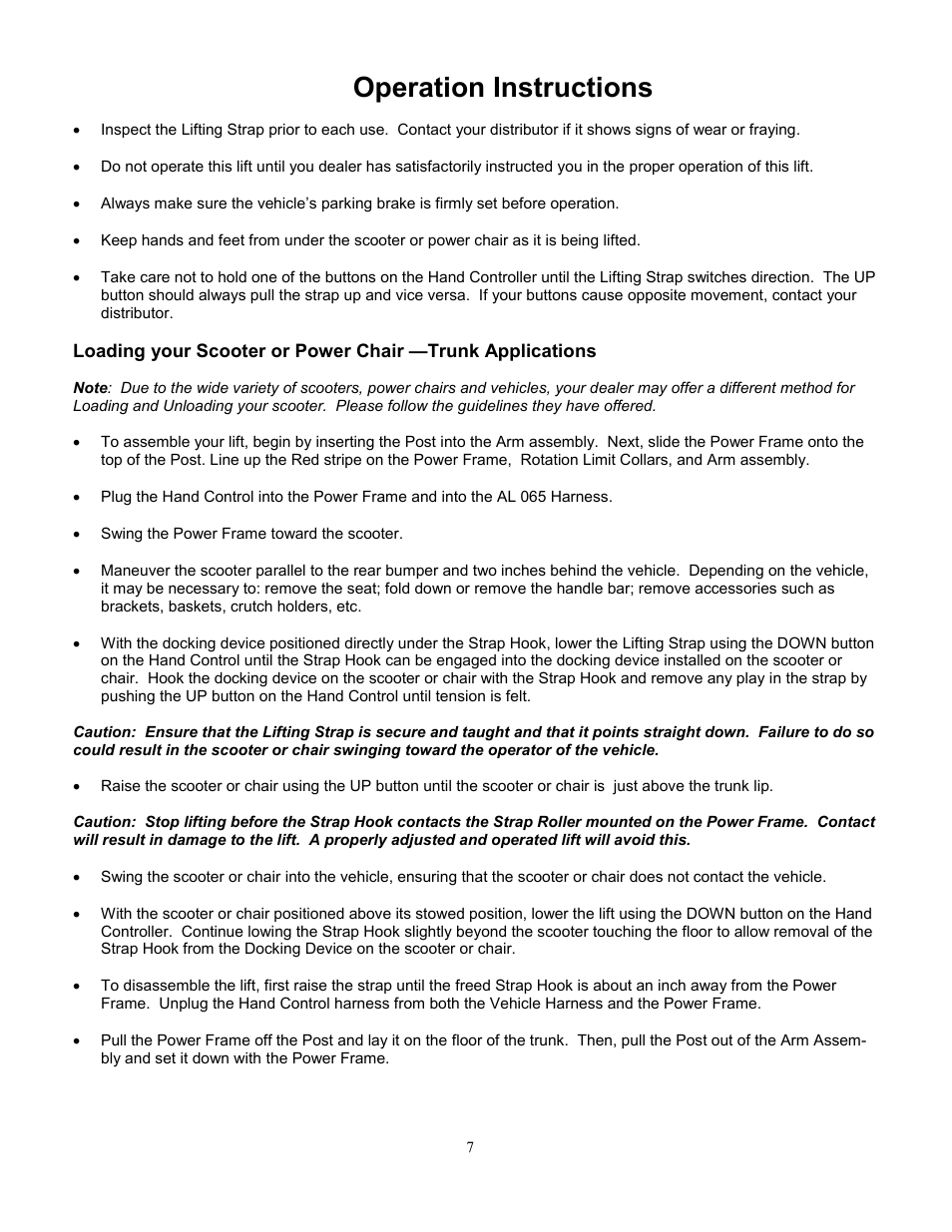 Operation instructions | Harmar Mobility AL065 User Manual | Page 7 / 10