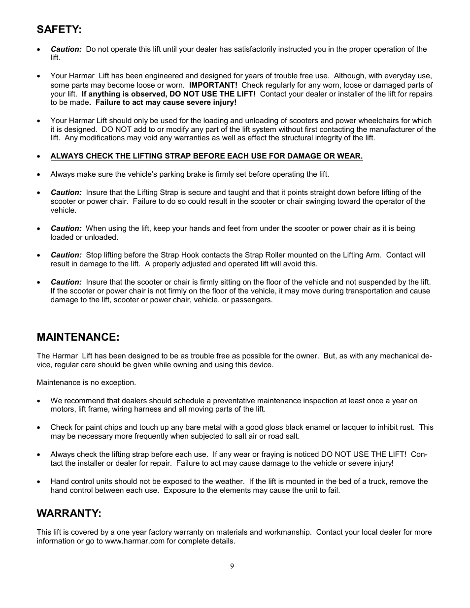 Safety, Maintenance, Warranty | Harmar Mobility AL065 User Manual | Page 9 / 10