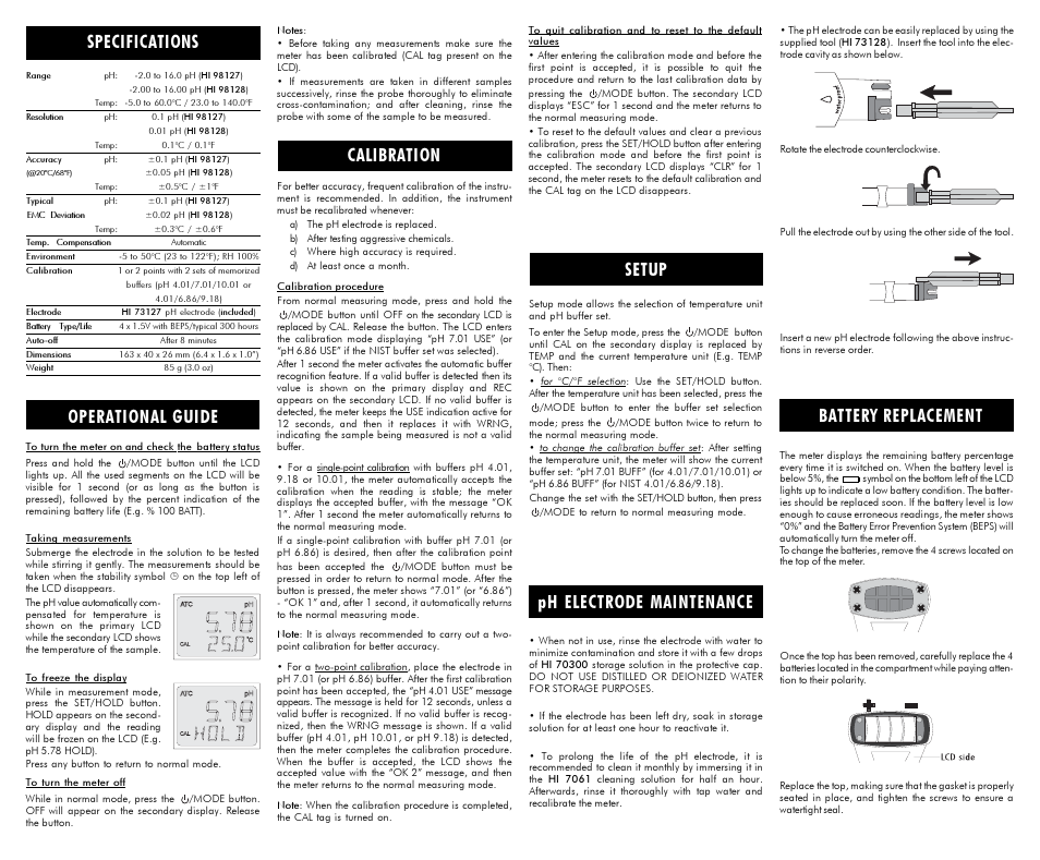 Calibration battery replacement, Ph electrode maintenance, Specifications | Operational guide, Setup | Hanna Instruments HI 98127 User Manual | Page 2 / 2