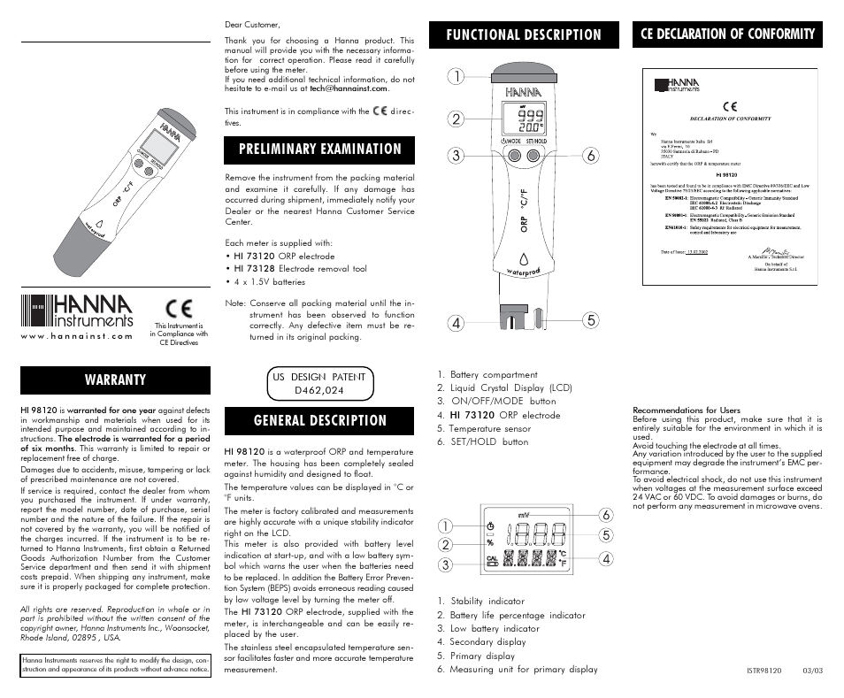 Hanna Instruments WATERPROOF ORP & TEMPERATURE METER HI 98120 User Manual | 2 pages