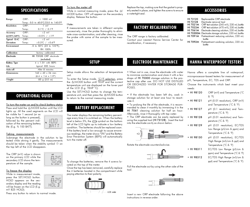 Battery replacement, Electrode maintenance, Specifications | Operational guide, Factory recalibration, Setup accessories, Hanna waterproof testers | Hanna Instruments WATERPROOF ORP & TEMPERATURE METER HI 98120 User Manual | Page 2 / 2