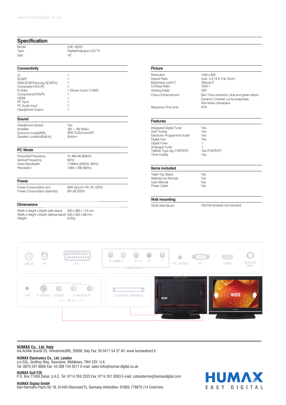 Specification, Wide | Humax LDE-19DST User Manual | Page 2 / 2