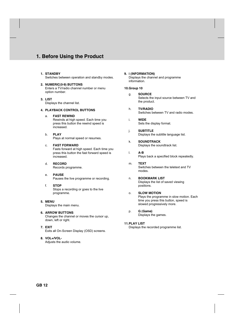 Before using the product, Gb 12 | Humax CX PVR-9200C User Manual | Page 13 / 90