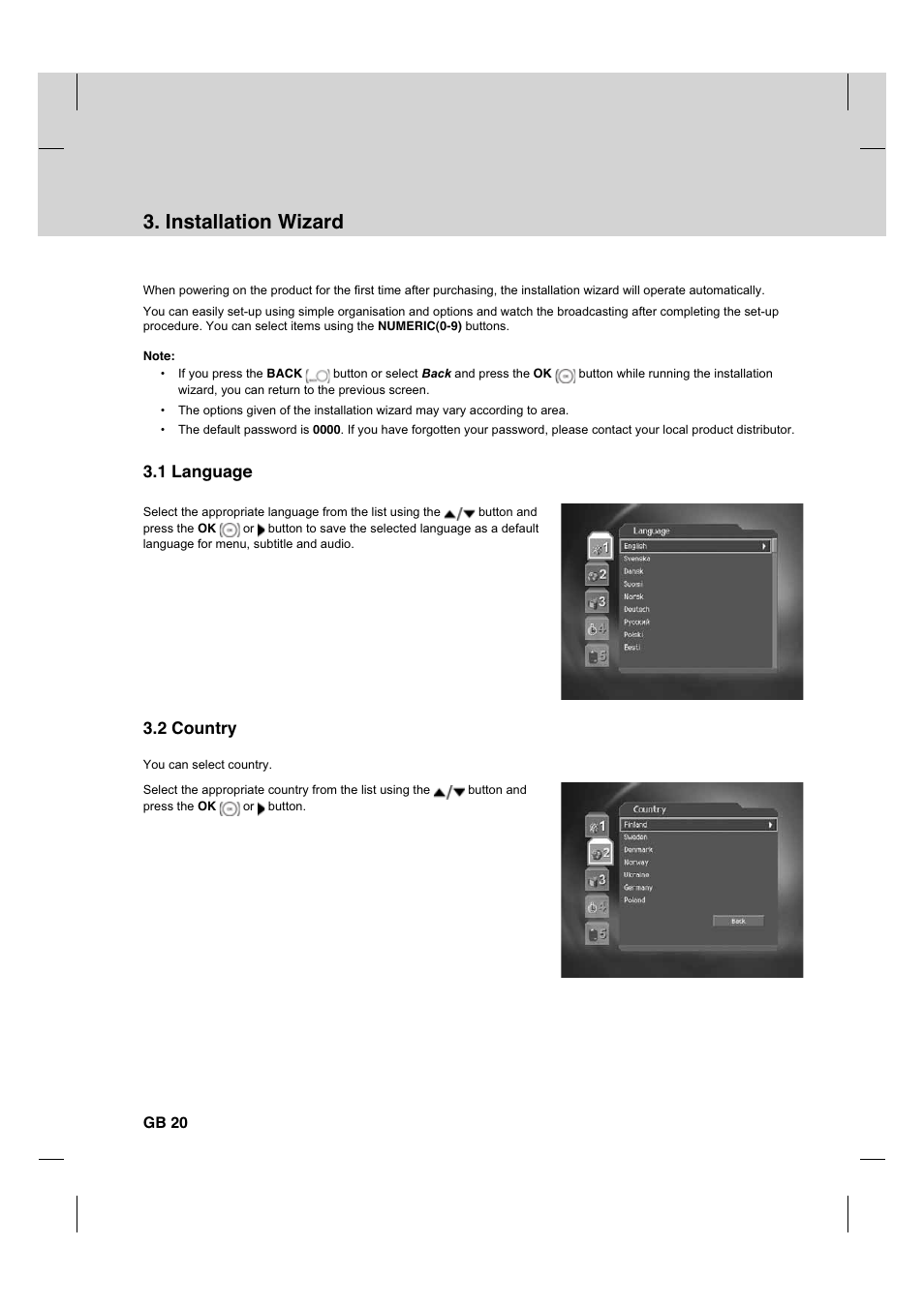 Installation wizard, 1 language, 2 country | Humax CX PVR-9200C User Manual | Page 21 / 90