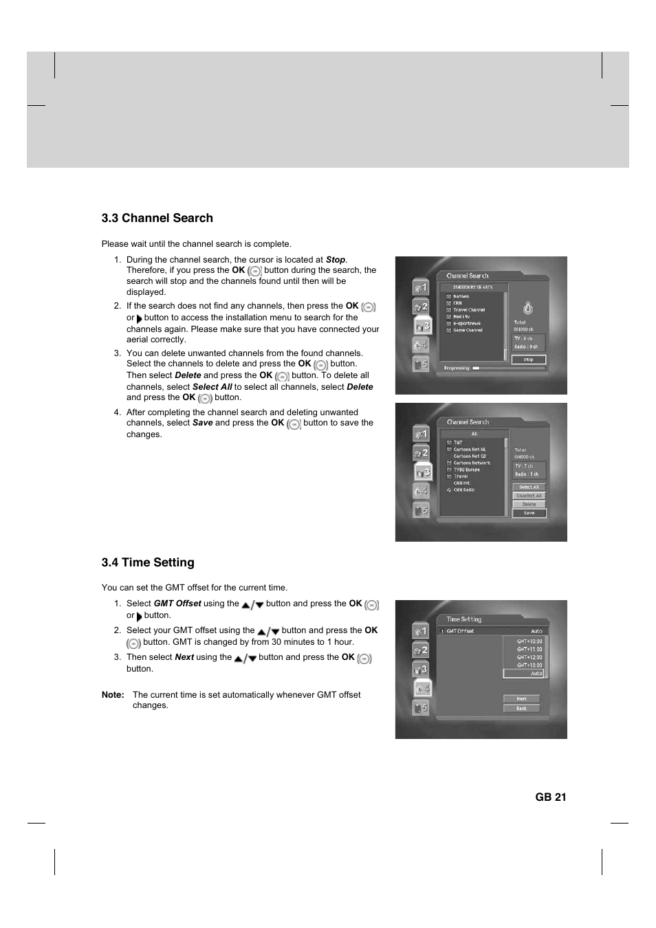 3 channel search, 4 time setting, Gb 21 | Humax CX PVR-9200C User Manual | Page 22 / 90