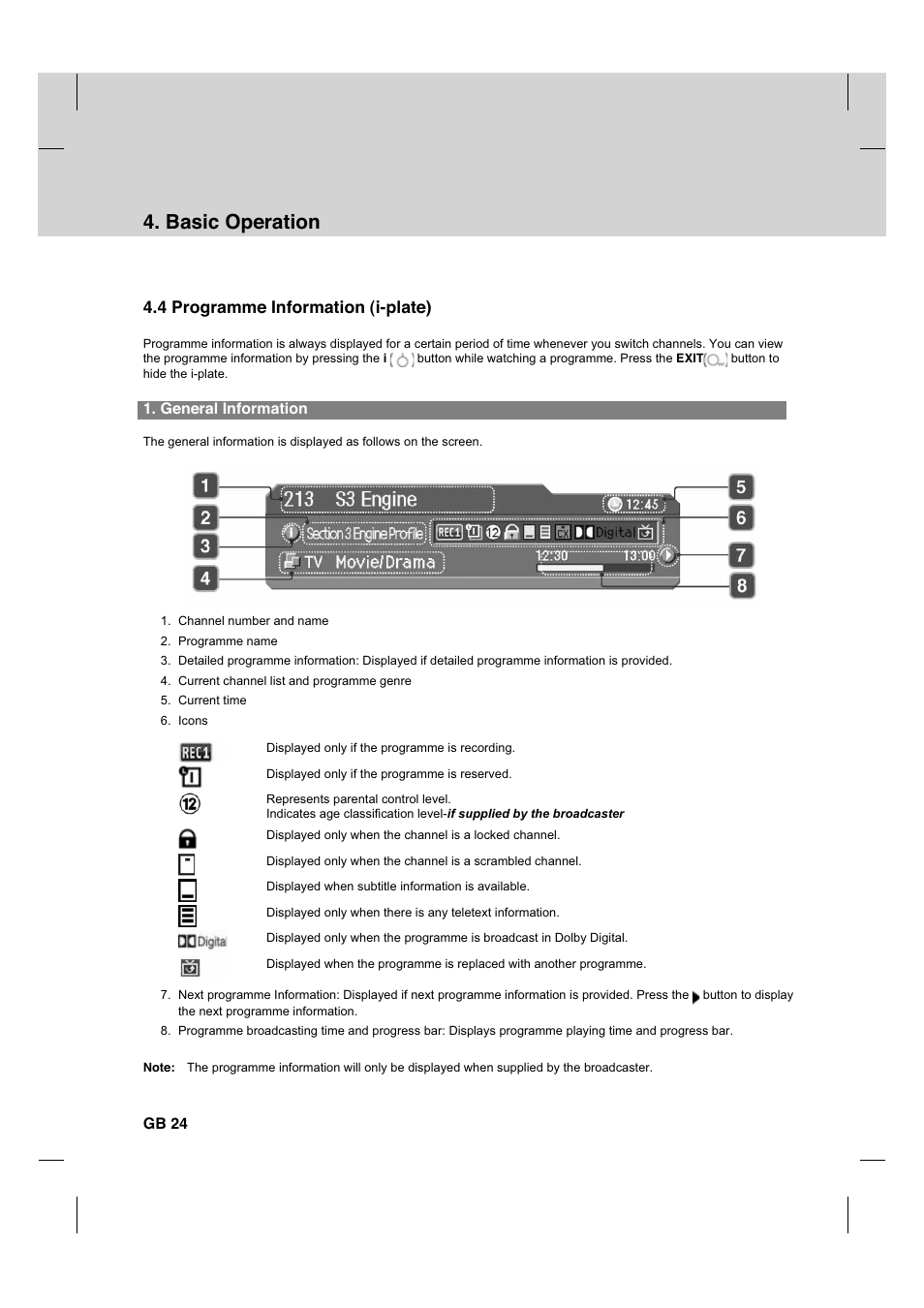 Basic operation, 4 programme information (i-plate), General information | Gb 24 | Humax CX PVR-9200C User Manual | Page 25 / 90