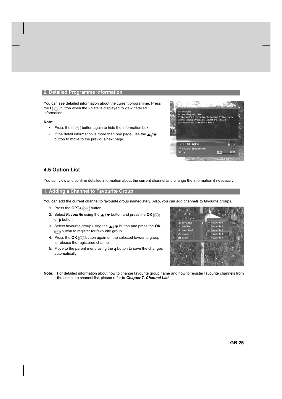 5 option list, Detailed programme information, Adding a channel to favourite group | Gb 25 | Humax CX PVR-9200C User Manual | Page 26 / 90