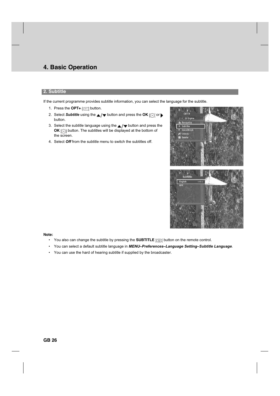 Basic operation, Subtitle, Gb 26 | Humax CX PVR-9200C User Manual | Page 27 / 90