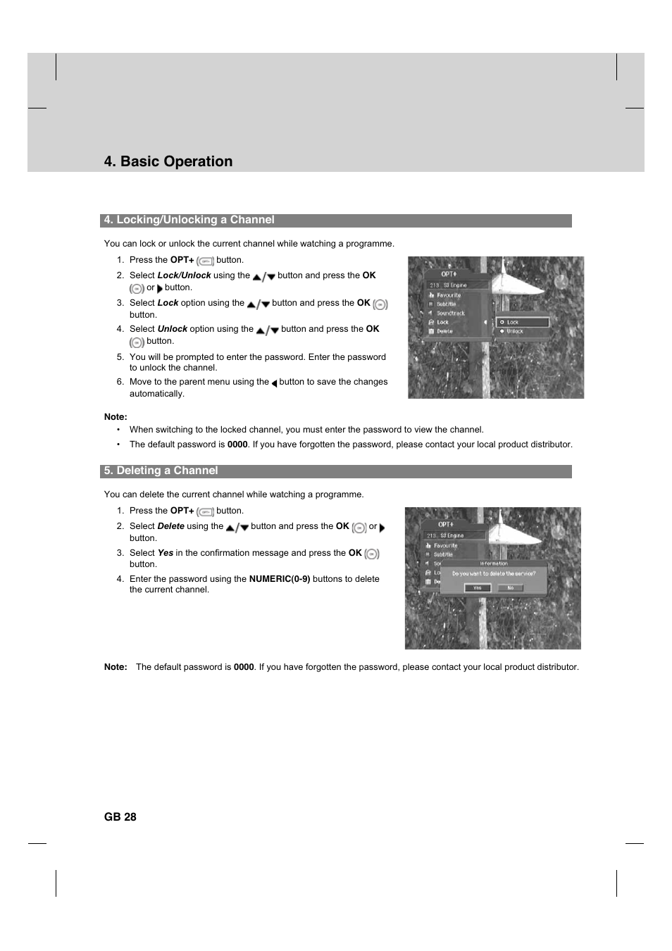 Basic operation, Locking/unlocking a channel, Deleting a channel | Gb 28 | Humax CX PVR-9200C User Manual | Page 29 / 90