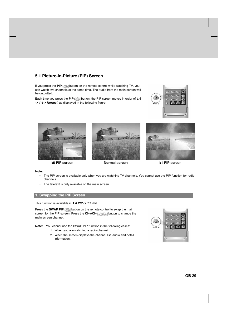 1 picture-in-picture (pip) screen, Swapping the pip screen, Gb 29 | Humax CX PVR-9200C User Manual | Page 30 / 90